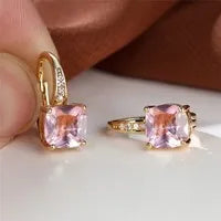 Square zircon inlaid ear hook earrings with geometric design and electroplated finish in golden tone