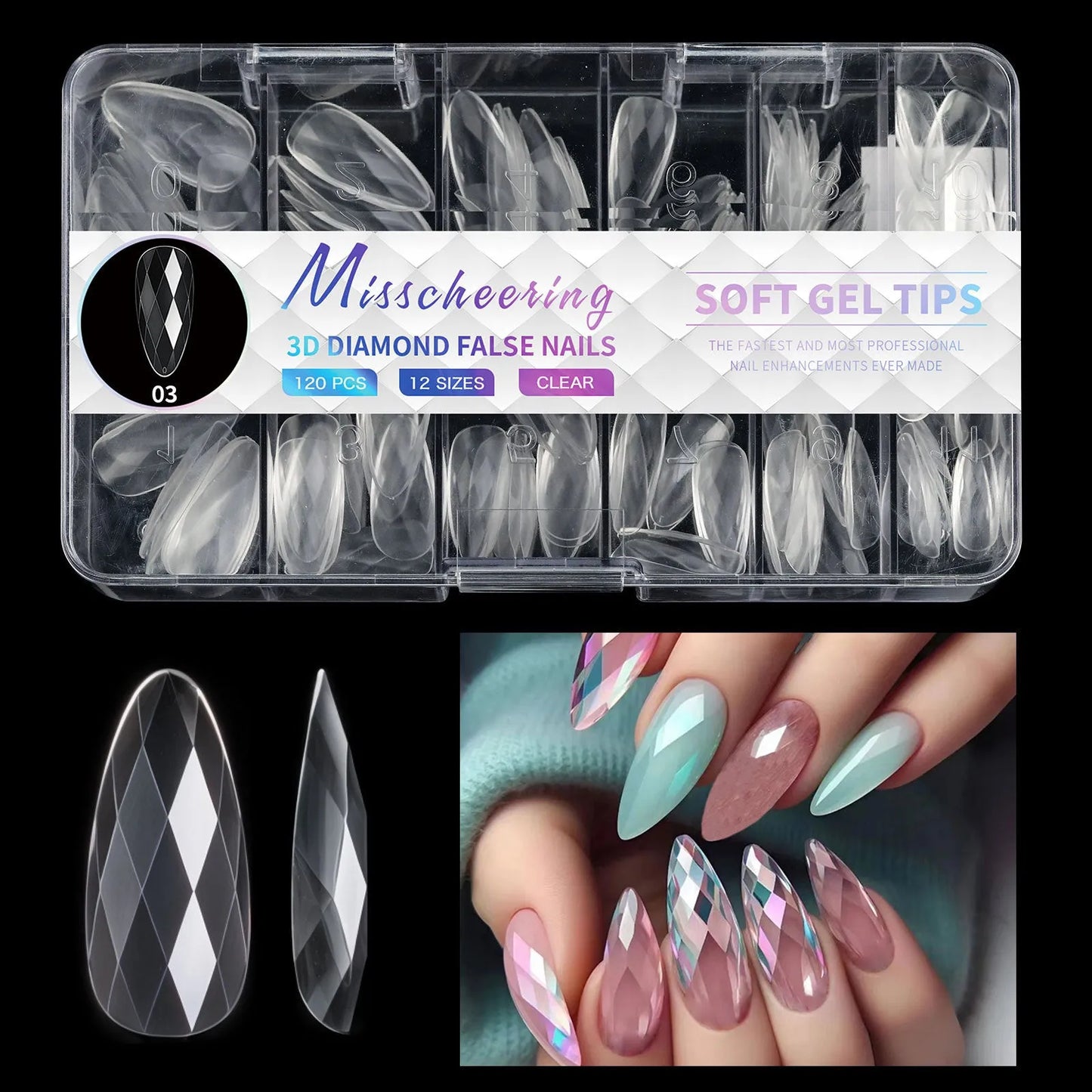 Box of 3D diamond-shaped long false nail tips in a chosen colour from the Diamond Nail range.
