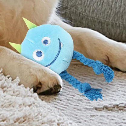 Blue or yellow dog squeaky toy with strong knot rope design for chewing and play