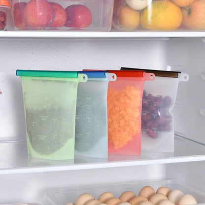 Silicone vacuum sealed kitchen storage bags in various colors with drawstring design