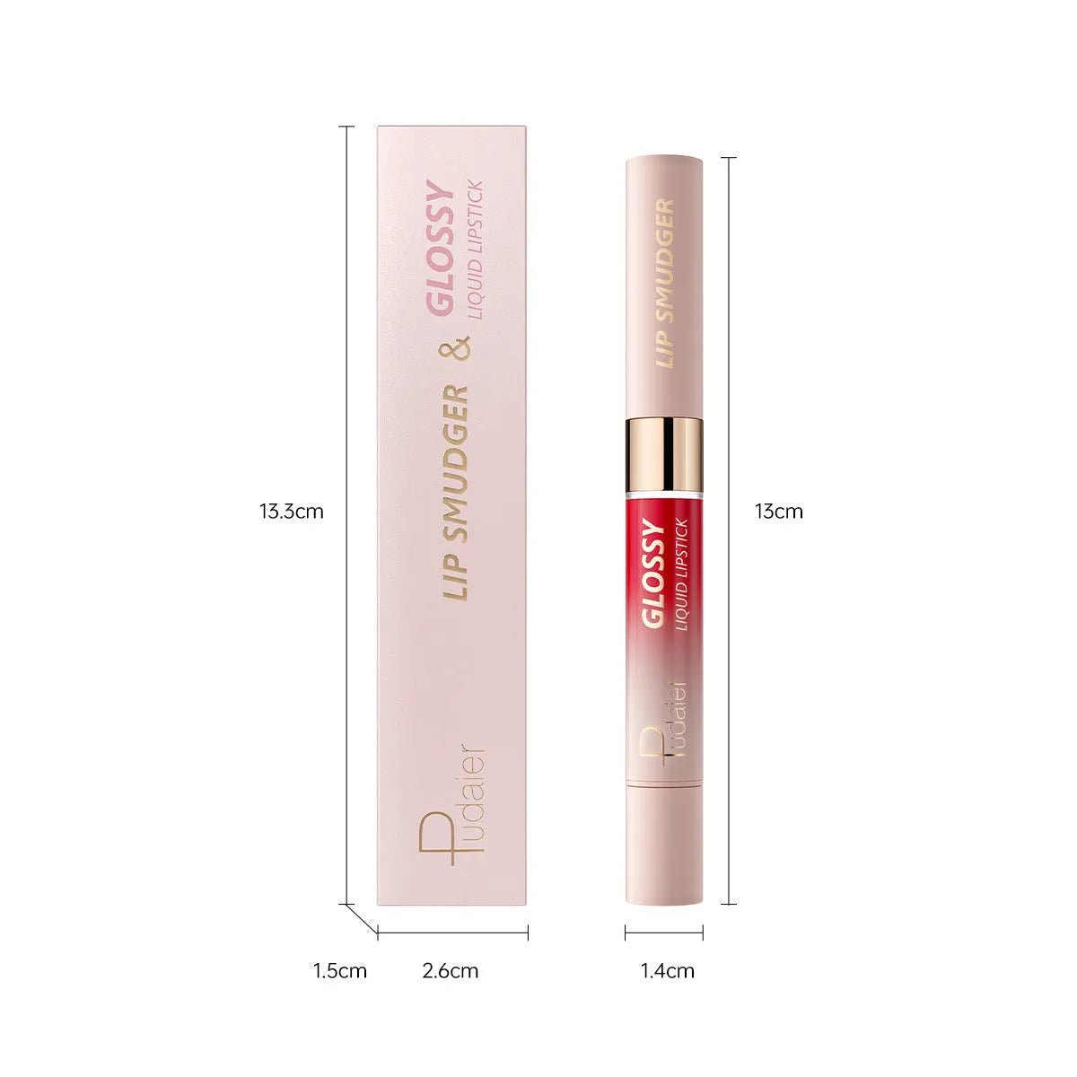 Double-headed lipstick and lip gloss case showing two applicators in 10 colour shades