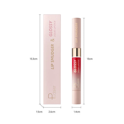 Double-headed lipstick and lip gloss case showing two applicators in 10 colour shades