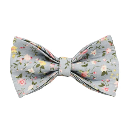 Blue floral dog collar set with adjustable sizes, includes leash, vest, bow, and poop bag on polyester cotton cloth.