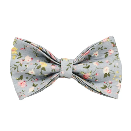 Blue floral dog collar set with adjustable sizes, includes leash, vest, bow, and poop bag on polyester cotton cloth.