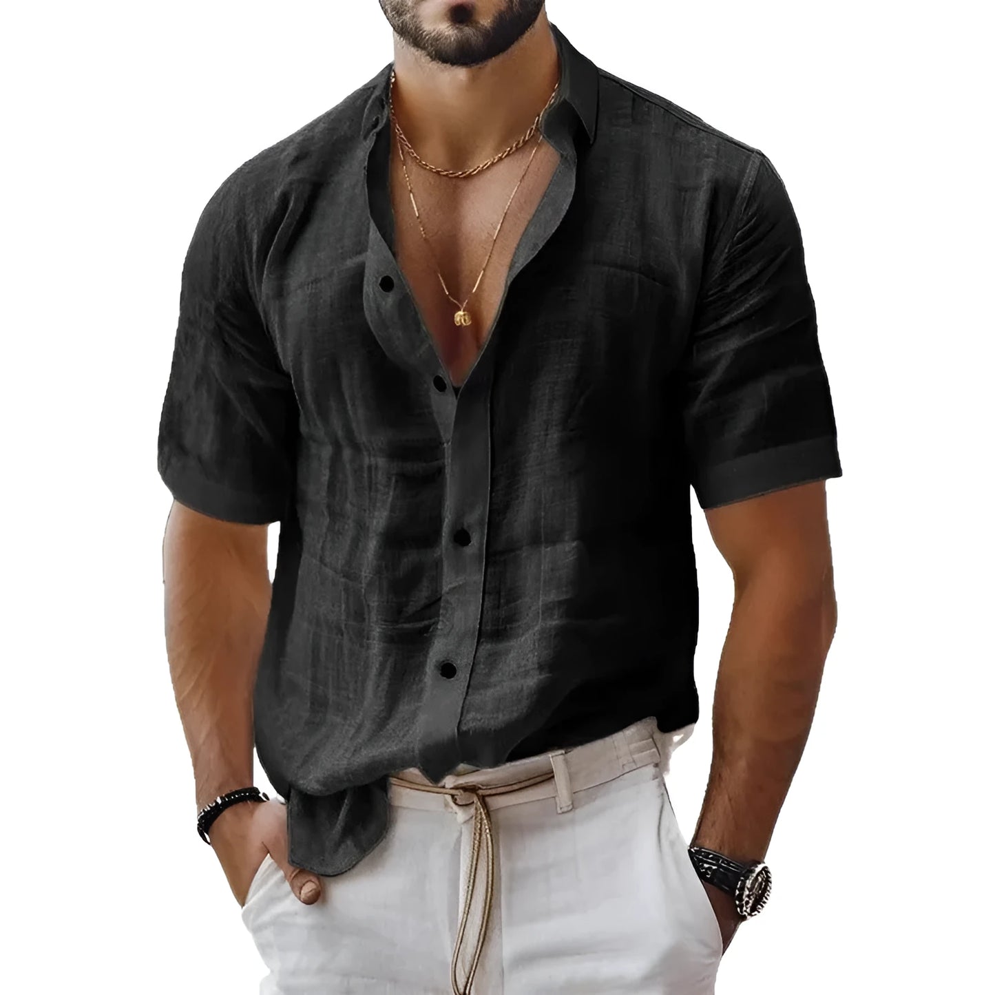 Men's short sleeve lapel shirt in cotton linen blend available in multiple solid colours