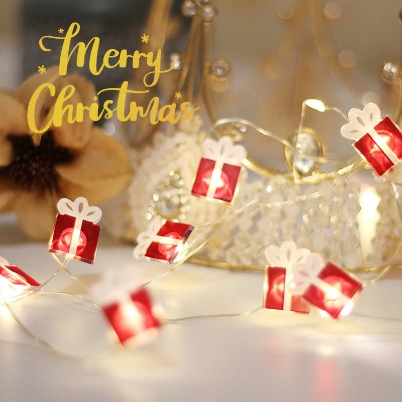 Customizable Christmas LED string lights in various designs including gift, bell, and Christmas tree shapes