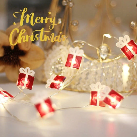Customizable Christmas LED string lights in various designs including gift, bell, and Christmas tree shapes