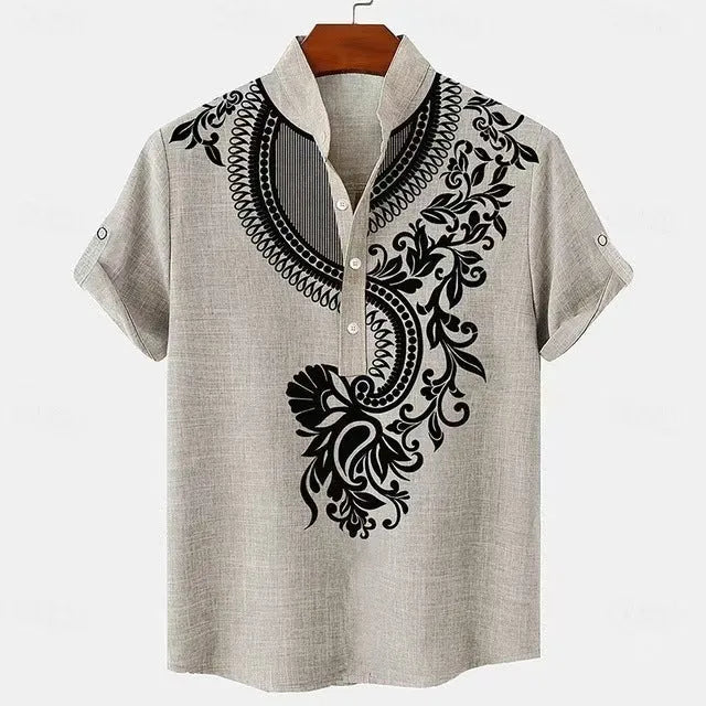 Men's striped casual linen shirt with personalised buttons showing loose fit and colour options