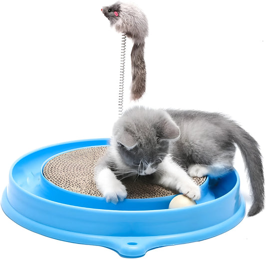 Blue cat scratcher toy with ball track and replaceable 9.7-inch scratch pad measuring 40x40cm