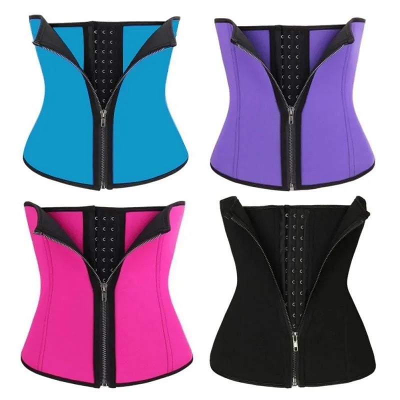 Neoprene belly band body shaping corset in black, shown wrapped for abdominal support during exercise