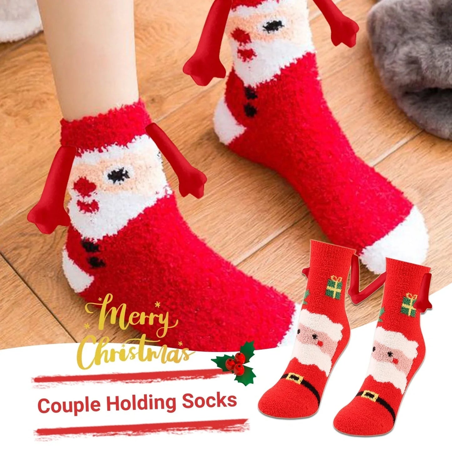 Christmas couple socks with magnetic connection feature and 3D animal patterns