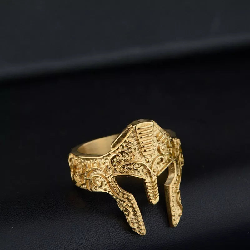 Stainless steel warrior mask ring in gold and silver finishes, sizes 8-12