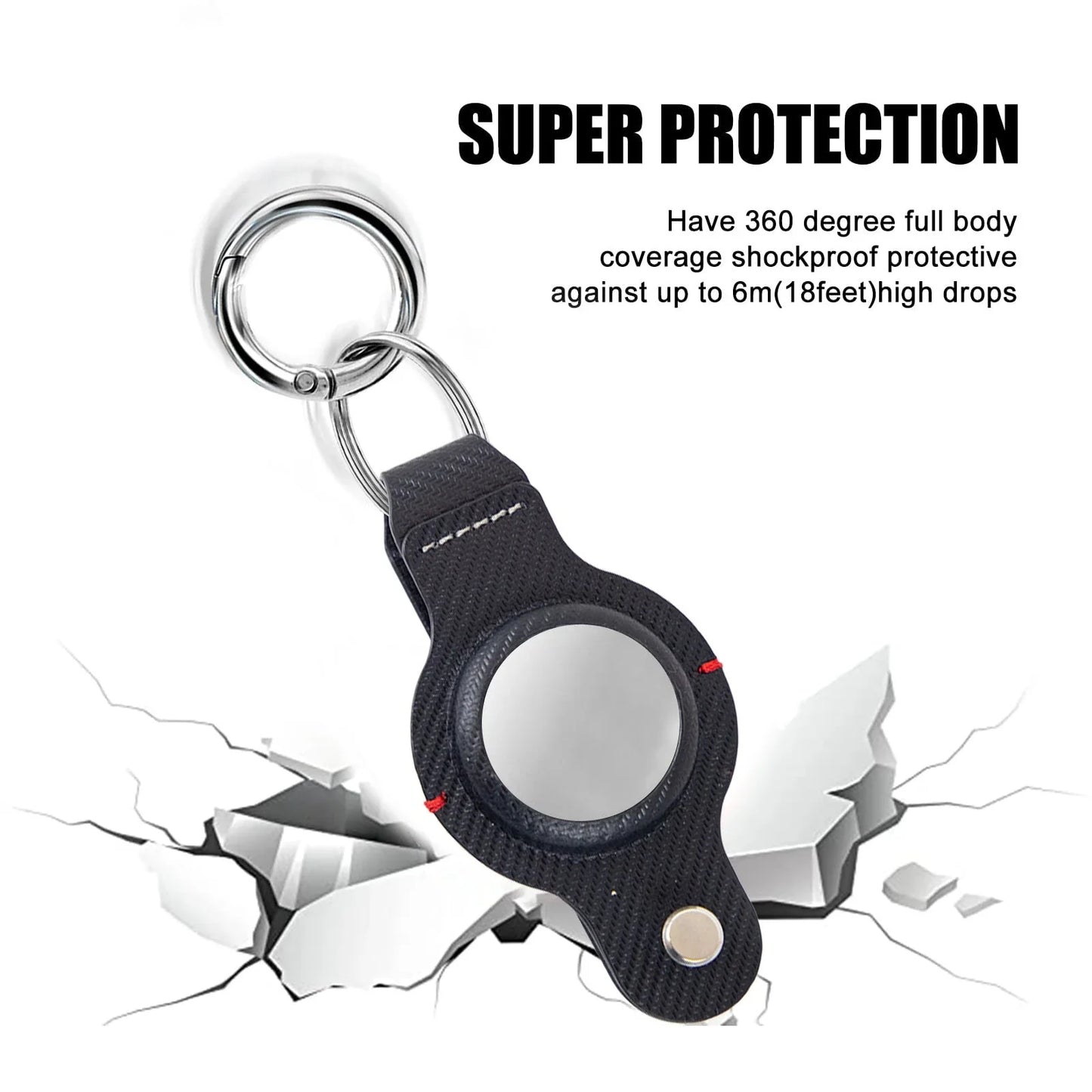 Stylish and secure AirTag holder keychain in black and grey PU leather, with a sturdy key ring for attaching to valuables