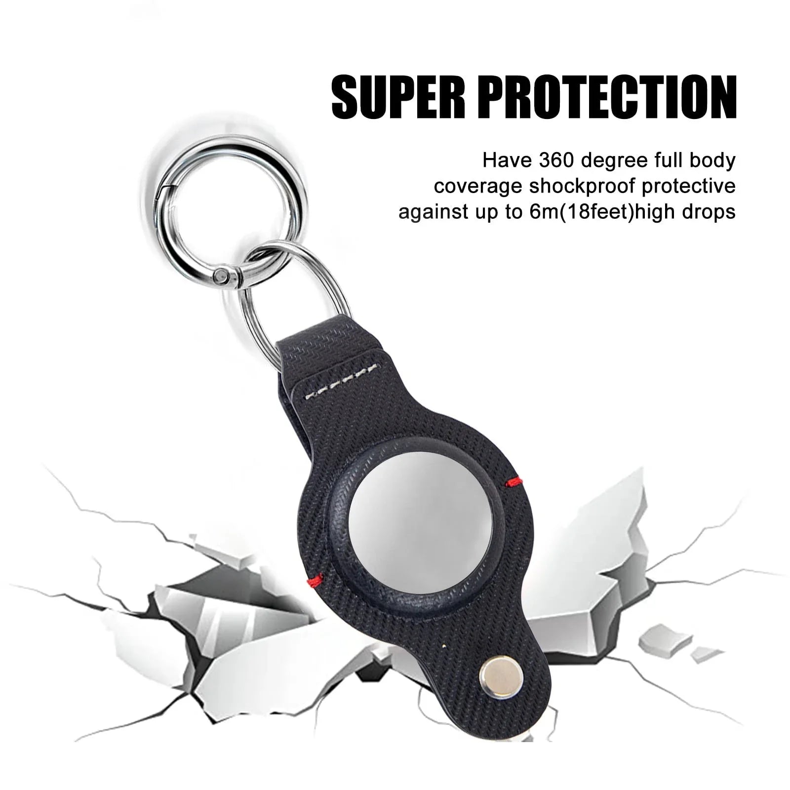 Stylish and secure AirTag holder keychain in black and grey PU leather, with a sturdy key ring for attaching to valuables