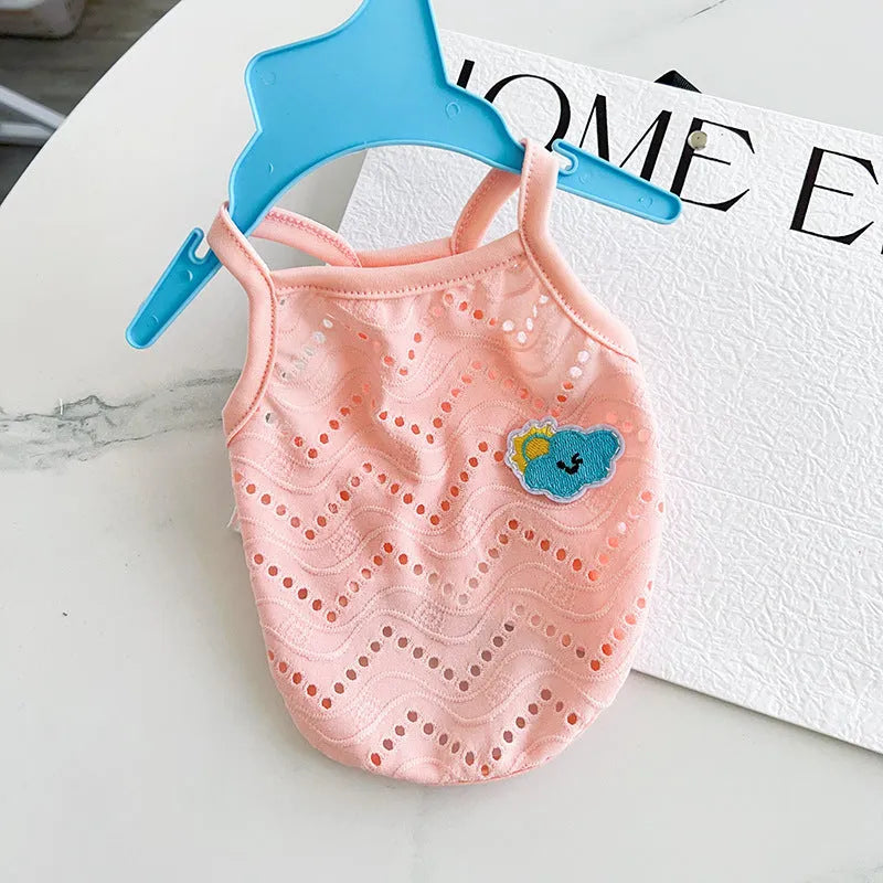 Pet vest with cool mesh breathable strap design in polyester fabric available in blue milk bottle, custard ice cream, green dessert and pink colour options with XS, S, M, L, XL, XXL sizing for general gender use