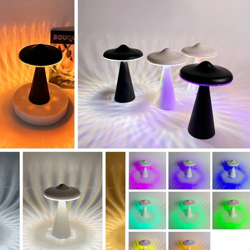 Black or white UFO-shaped night light with USB charging port and LED illumination
