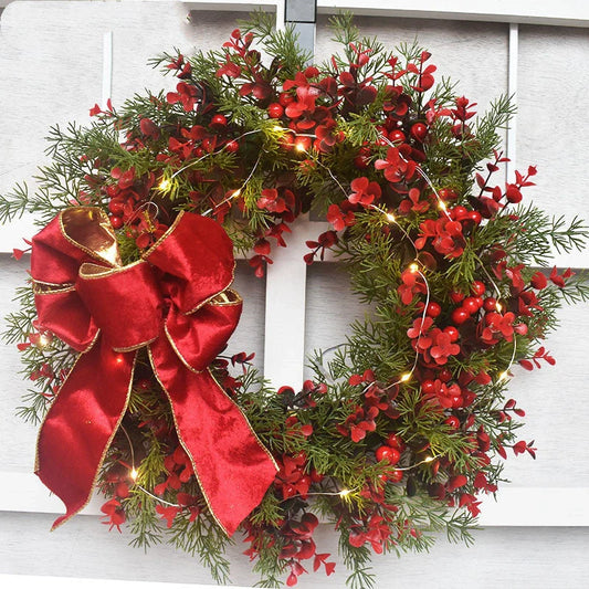 45CM Artificial Cherry Pattern Christmas Wreath with LED Lights for festive holiday decoration