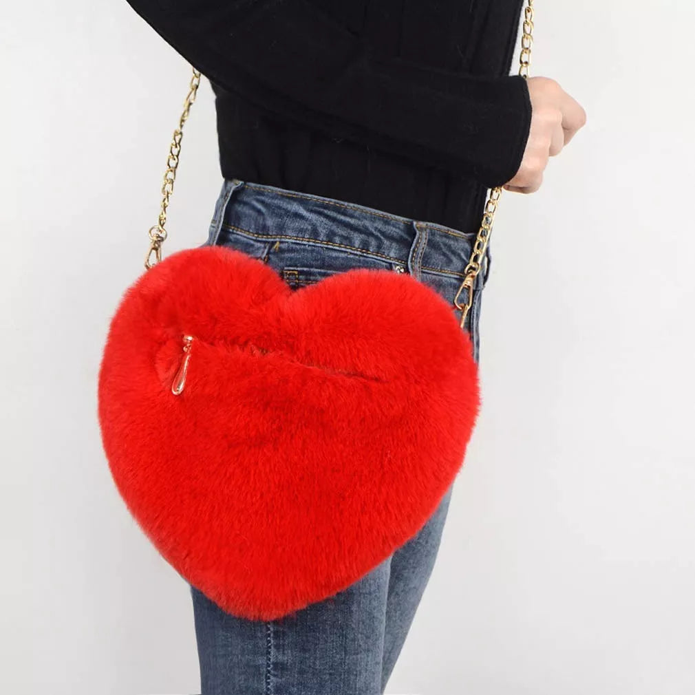 Women's plush chain shoulder bag with heart shape design in various colors