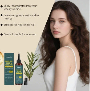 Rosemary essential oil bottle with pointed applicator and detangling comb for hair treatment