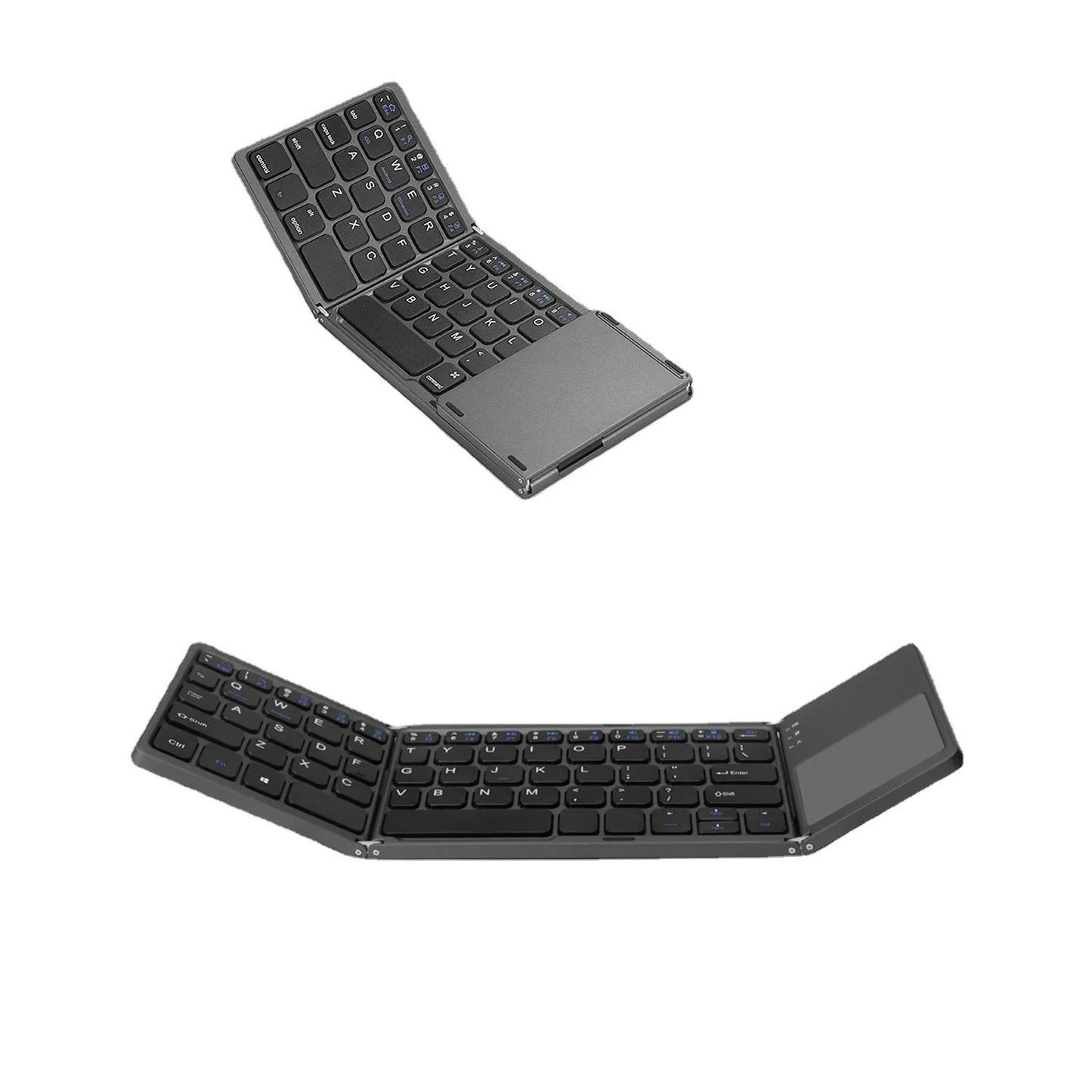Tri-fold Bluetooth keyboard in black showing compact folded size next to smartphone