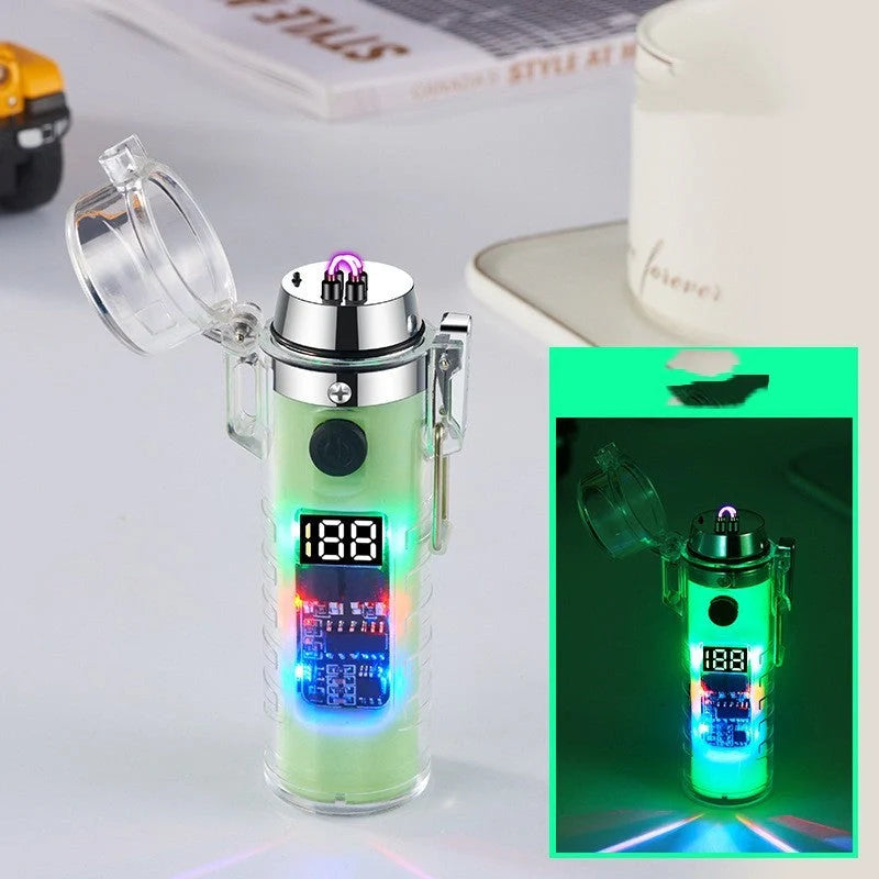 Transparent shell dual arc USB charging lighter with waterproof LED light in various colors