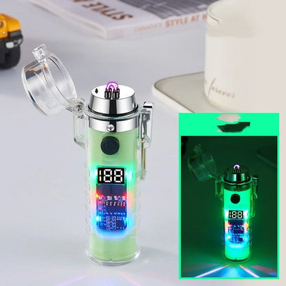Transparent shell dual arc USB charging lighter with waterproof LED light in various colors