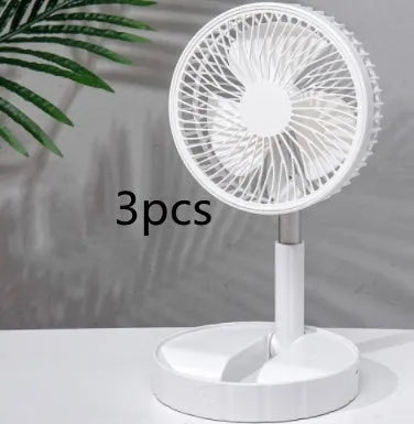 Black telescopic portable folding fan shown extended to full height on a desk, with control panel visible.