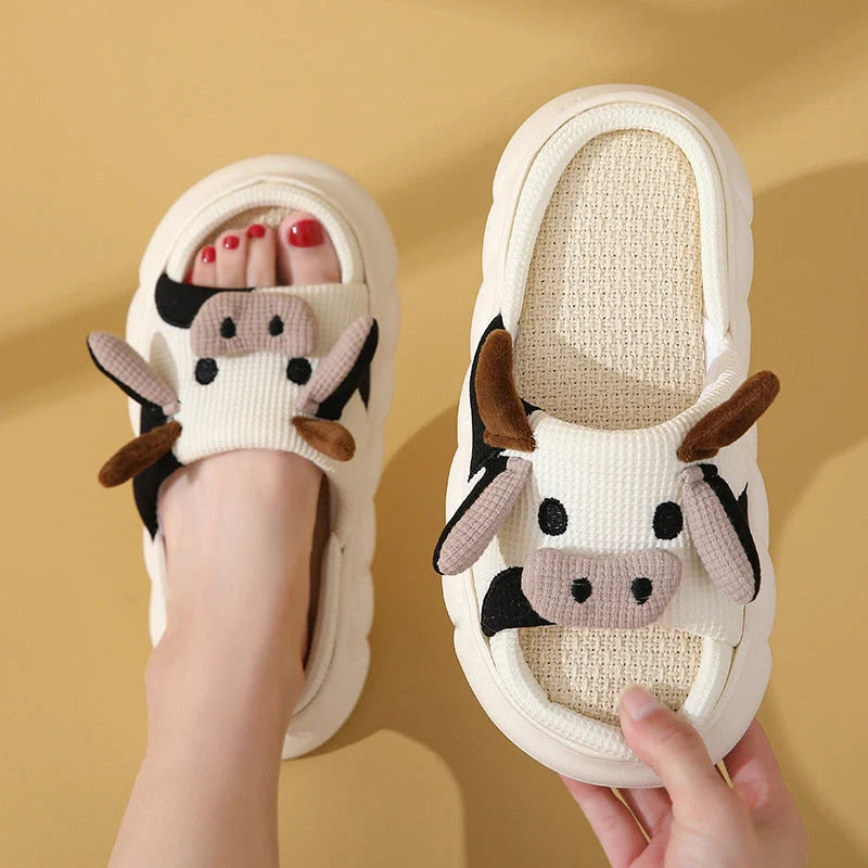 Cartoon Cow Frog Slippers with non-slip soles and linen uppers