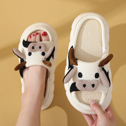 Cartoon Cow Frog Slippers with non-slip soles and linen uppers