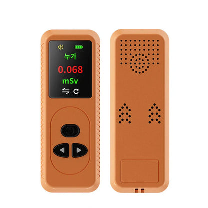 Portable radiation detector with color display, alarm function, and rechargeable battery for monitoring X, gamma, and beta radiation levels