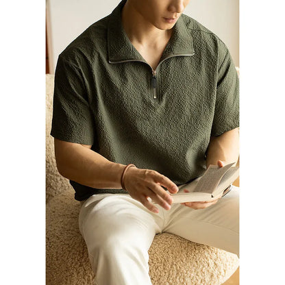 Men's loose-fit short sleeve T-shirt in cedar green, made from quick-drying ice silk polyester fabric.