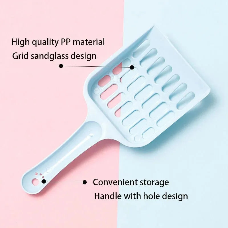 Blue plastic cat litter scoop with dimensions 20cm long by 9cm wide.