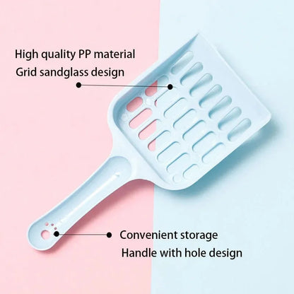 Blue plastic cat litter scoop with dimensions 20cm long by 9cm wide.