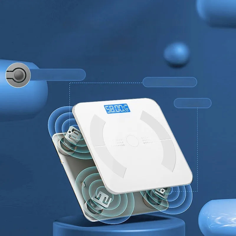 White smart Bluetooth body fat scale on bathroom floor, showing tempered glass platform and digital display.