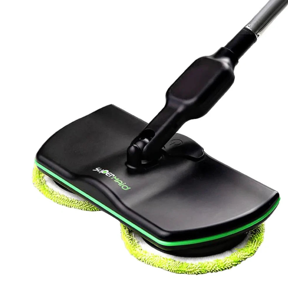 Wireless rotating electric mop with dual cleaning heads and rechargeable battery for cordless floor washing