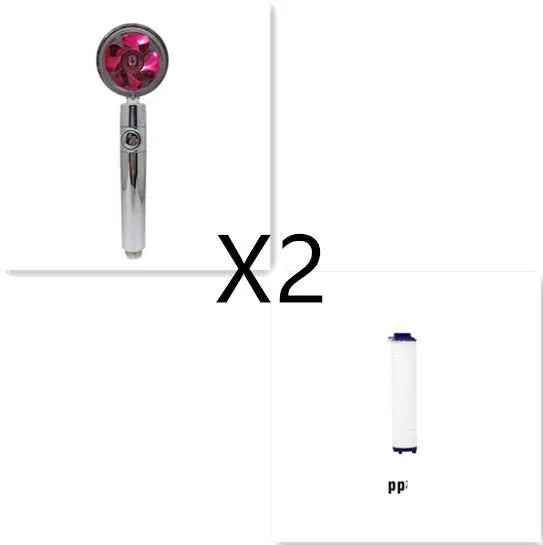 Chrome-finished ABS plastic water-saving shower head with a round, rotating spray head.