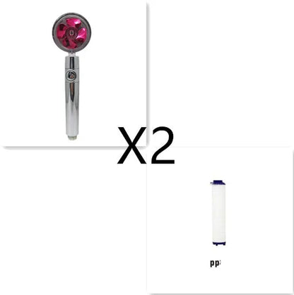 Chrome-finished ABS plastic water-saving shower head with a round, rotating spray head.