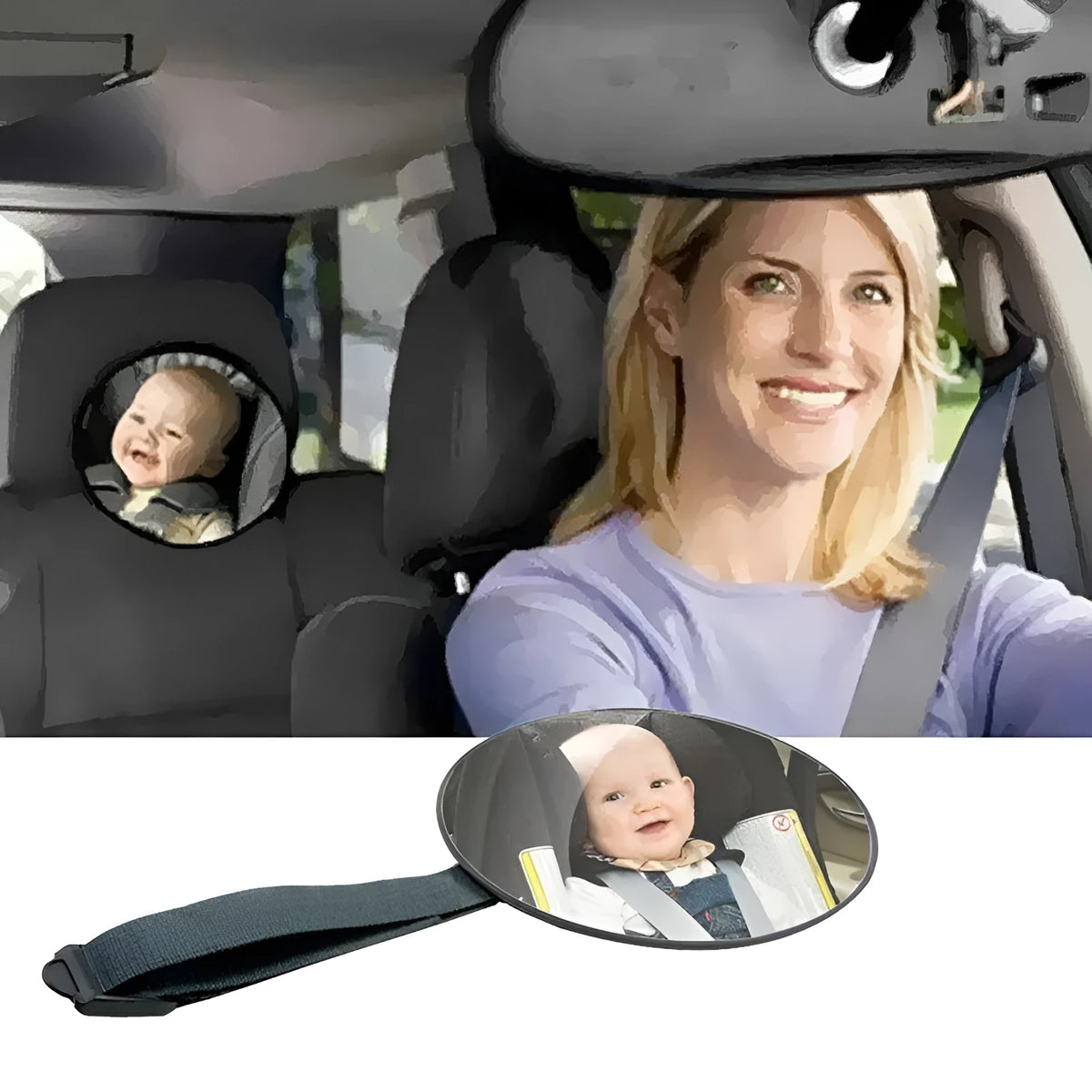 Black ABS baby car rearview mirror with 17cm outer diameter, 16.5cm chassis, and 85cm ribbon