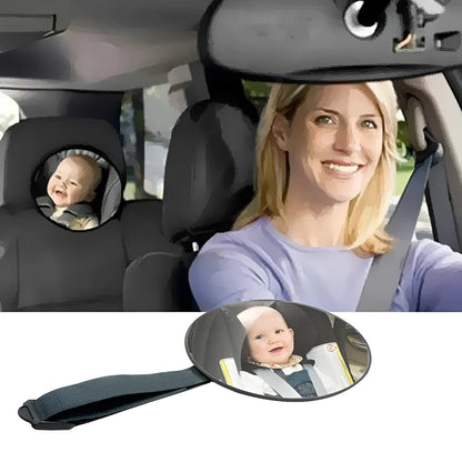Black ABS baby car rearview mirror with 17cm outer diameter, 16.5cm chassis, and 85cm ribbon