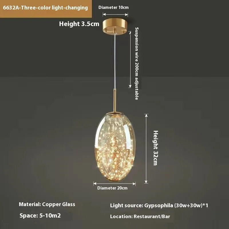 Modern adjustable glass droplight chandelier with LED lighting on a long suspension cable.