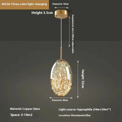 Modern adjustable glass droplight chandelier with LED lighting on a long suspension cable.