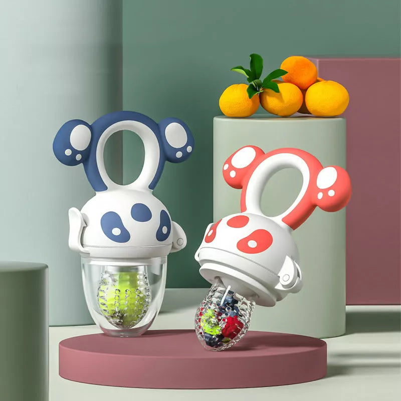 Dual-purpose baby food feeder in blue and red for safe fruit and vegetable introduction