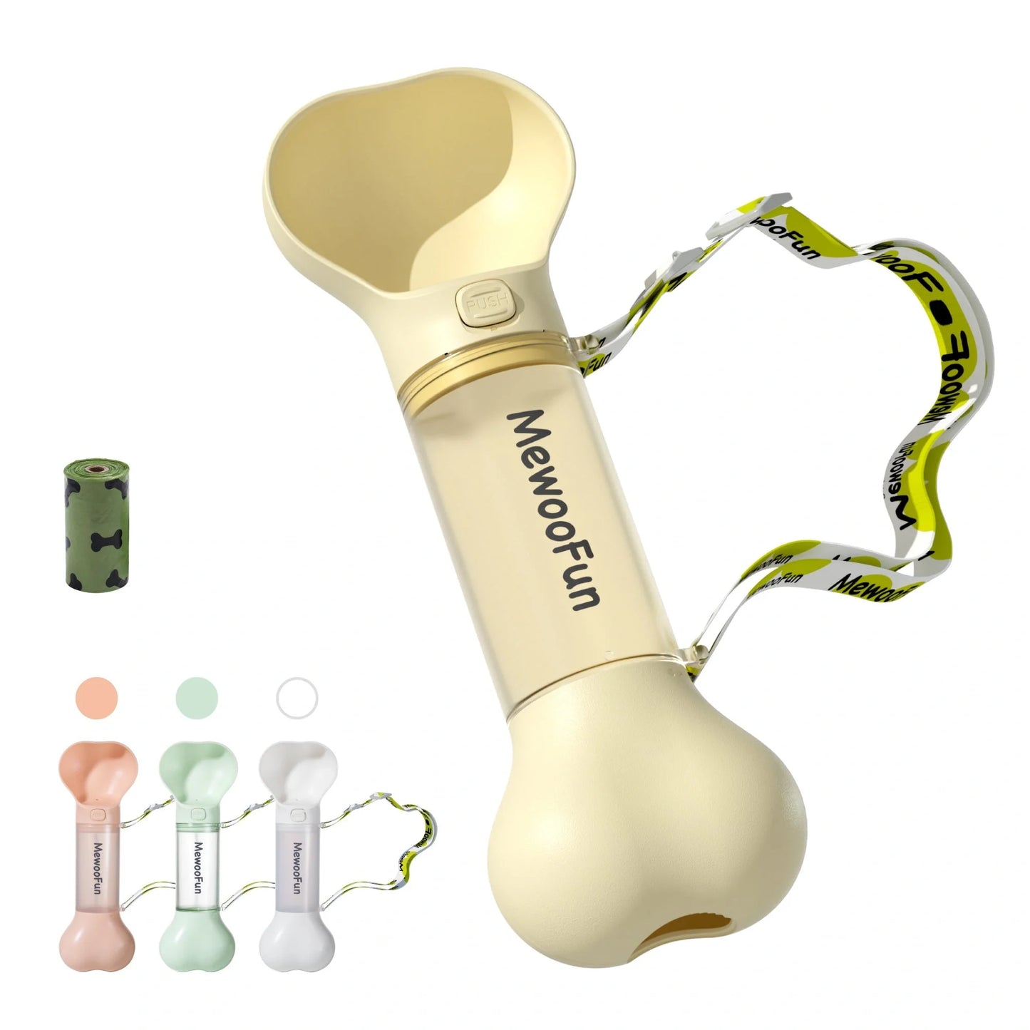 Mewoofun 2-in-1 leak-proof pet water bottle with bone-shaped design and poop bag storage