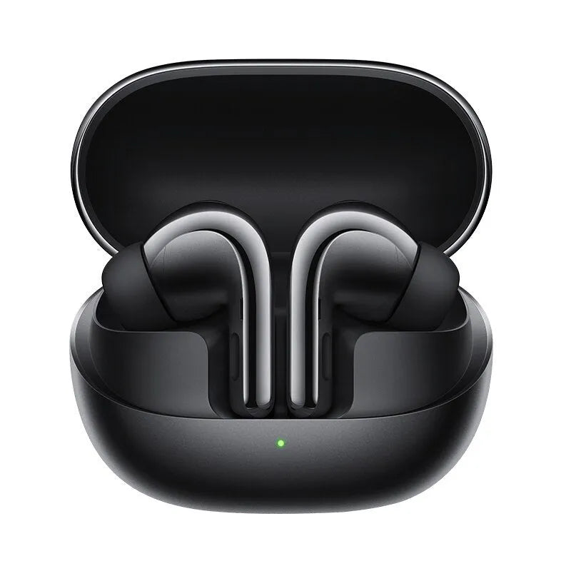 Black and gold true wireless Bluetooth earbuds with a charging case on a white background.