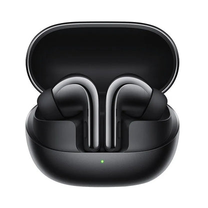 Black and gold true wireless Bluetooth earbuds with a charging case on a white background.