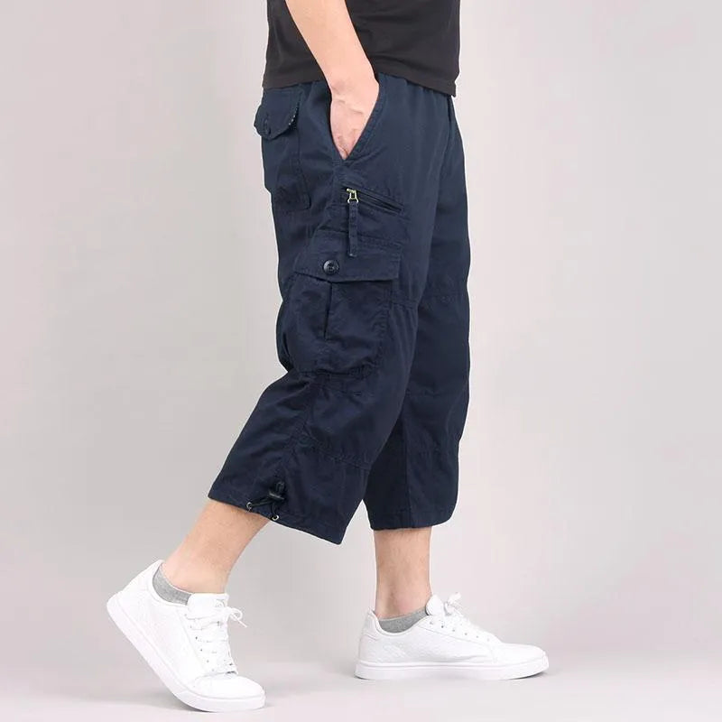 Men's cotton cropped casual pants in loose fit showing khaki colour option