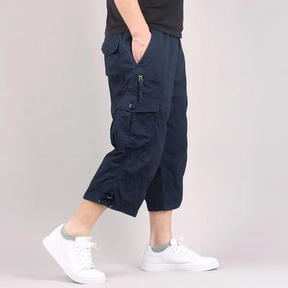 Men's cotton cropped casual pants in loose fit showing khaki colour option