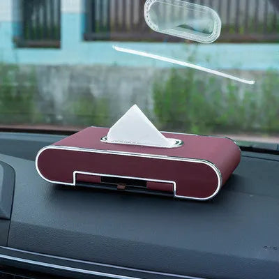 Car mobile phone holder tissue box in super-transition leather, 24.5x12.5x5cm, with pumping paper box