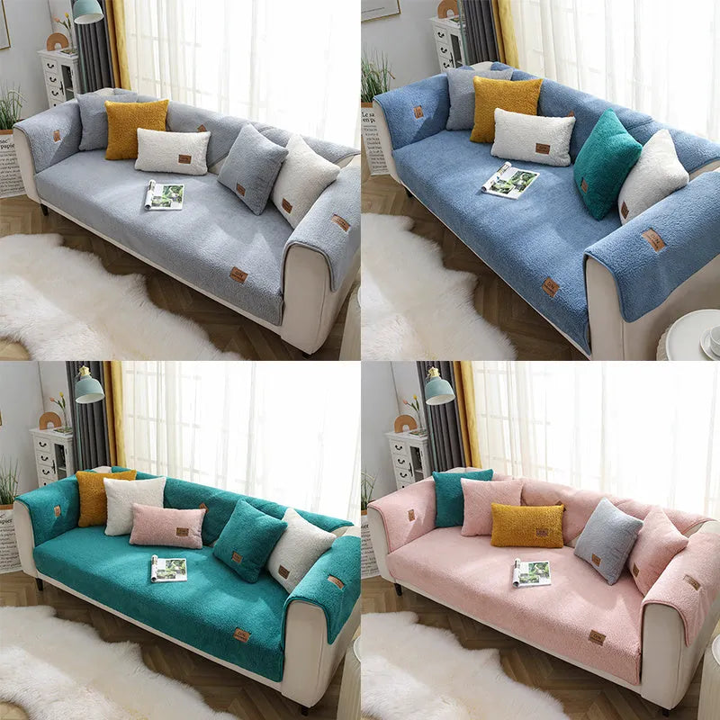 Beige lamb wool plush sofa cover with anti-slip backing on a grey fabric sofa.