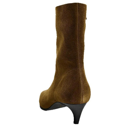 Square toe high heel boots in brown with side zipper, 3-5cm stiletto heel, and waterproof platform